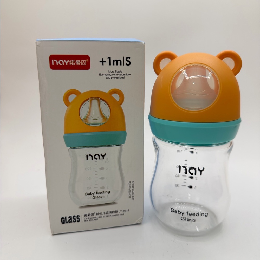 Glass Baby Bottle INAY- Cute Bear Head Design - 160ml - +1 Month Size S Nipple